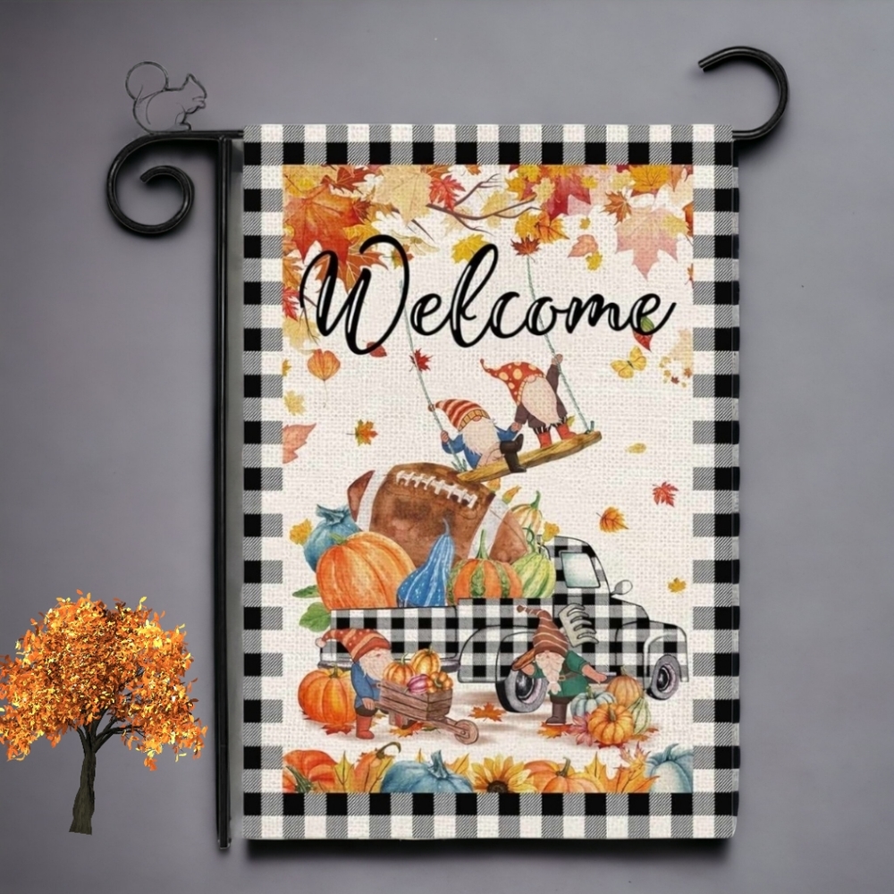 Fall gnome Buffalo plaid garden flag nwt
